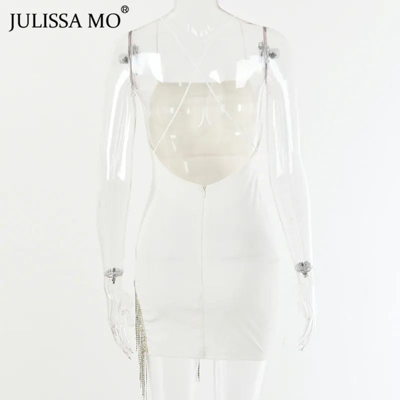Julissa mo Новые Вечерние платья с блестящими бриллиантами, женское сексуальное облегающее платье на тонких бретелях, модное мини-платье с кисточками и подолом белого цвета