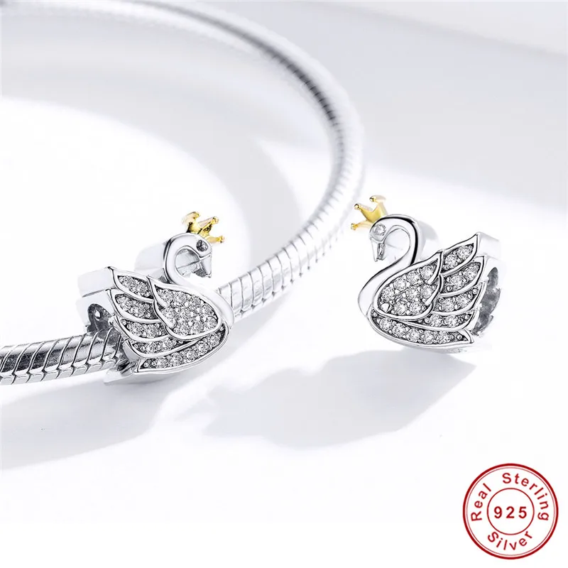 Fit Pandora браслет серебро 925 diy белый CZ Принцесса Корона Лебедь из бусин S925 Циркон королева птица подвеска для изготовления ювелирных изделий
