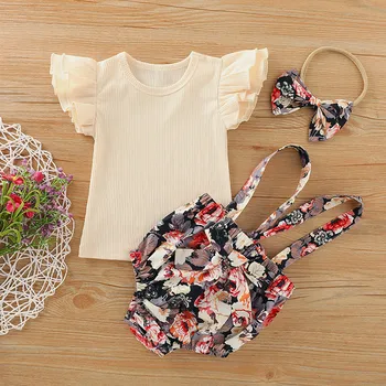 

Fashion Children Baby Girl Cotton T shirt Tops O-neck 1-3 years Toddler Infant Ruffle Floral Suspender Shorts Outfits Set H4