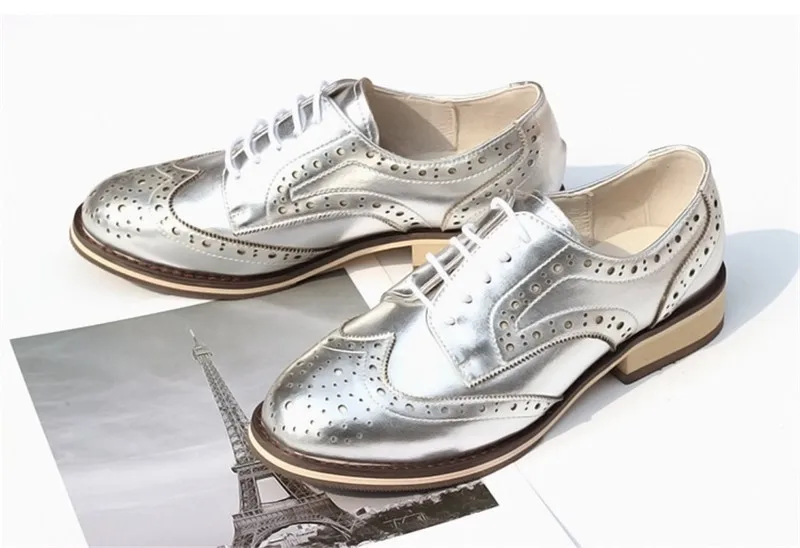 British Genuine Leather Female Oxford Shoes College Spring New Thick Heel 3cm Women Brogues Retro Carved Single Shoes Large Size (33)