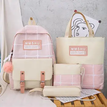 

2020 New 4Pcs/set Canvas School Bag For Teenagers Girls Student High Quality Women Travel School Backpacks Female Book Bags