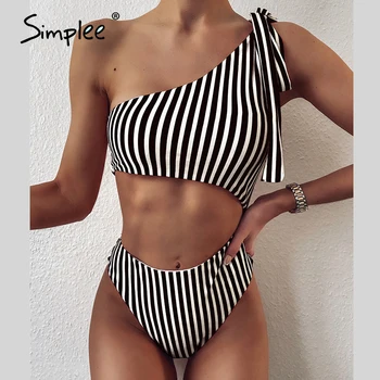 

Simplee Striped high waist swimwear women bathers One shoulder sexy female swimsuit separate Bandeau red bikini new bathing suit