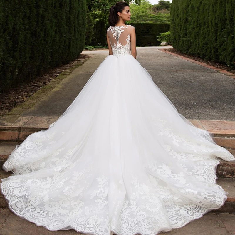 Vestido de novias, свадебное платье 2019, со шлейфом, с иллюзией сзади, с кружевной аппликацией, ТРАПЕЦИЕВИДНОЕ, длина до пола, белые свадебные платья