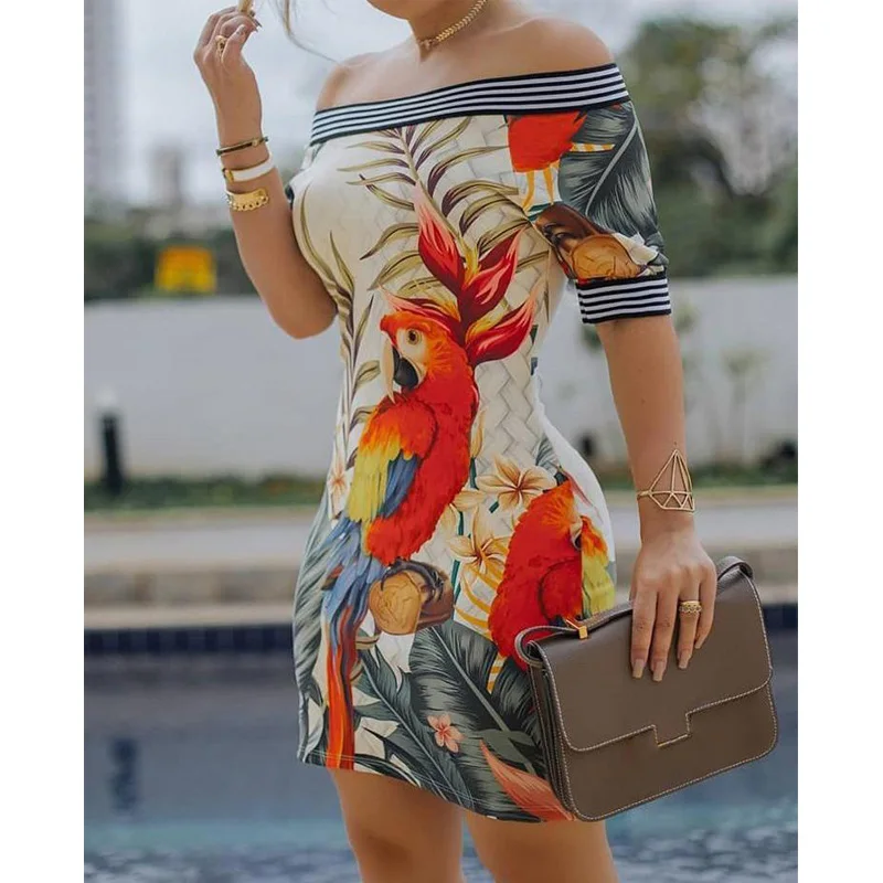 sexy orange red off shoulder floral print bodycon dress