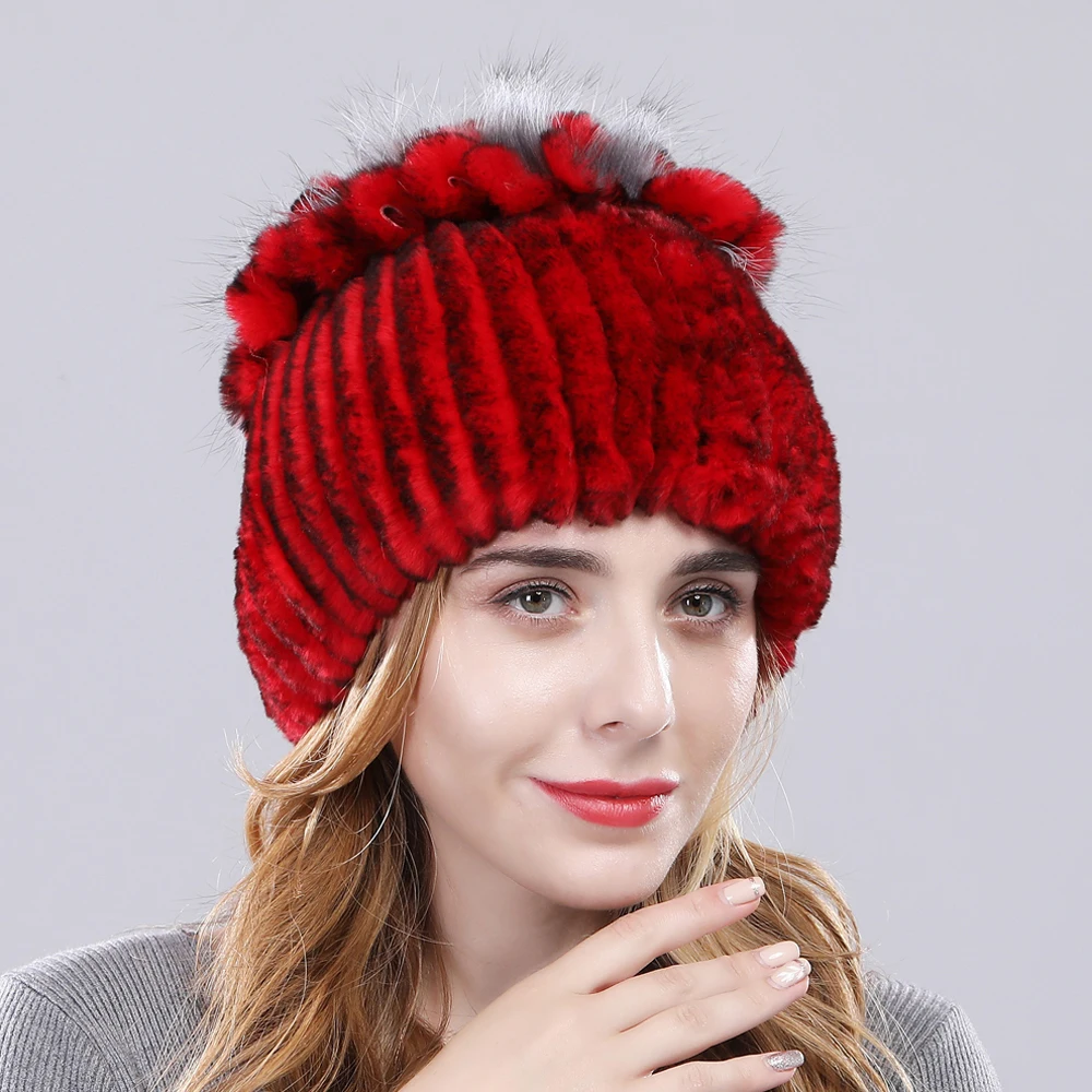 Women Real Rex Rabbit Fur Hats Lady Handmade Knitted Striped Genuine Rex Rabbit Fur Cap Winter Warm Fashion Fur Beanies