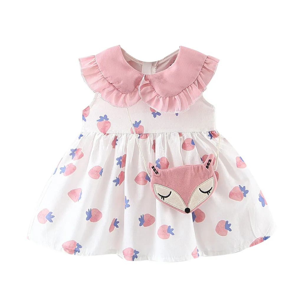 Мини-платье без рукавов с оборками и принтом клубники для маленьких девочек милые платья принцессы с сумочкой, летняя От 6 месяцев до 3 лет - Цвет: Розовый
