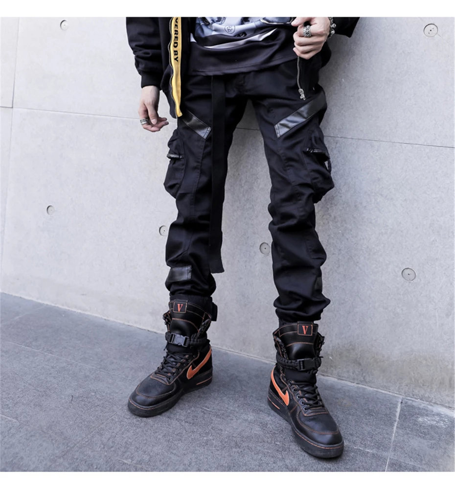 Черные брюки карго мужские и женские кожаные Лоскутные тактические брюки осенние многокарманные хип-хоп брюки Модные уличные W0093