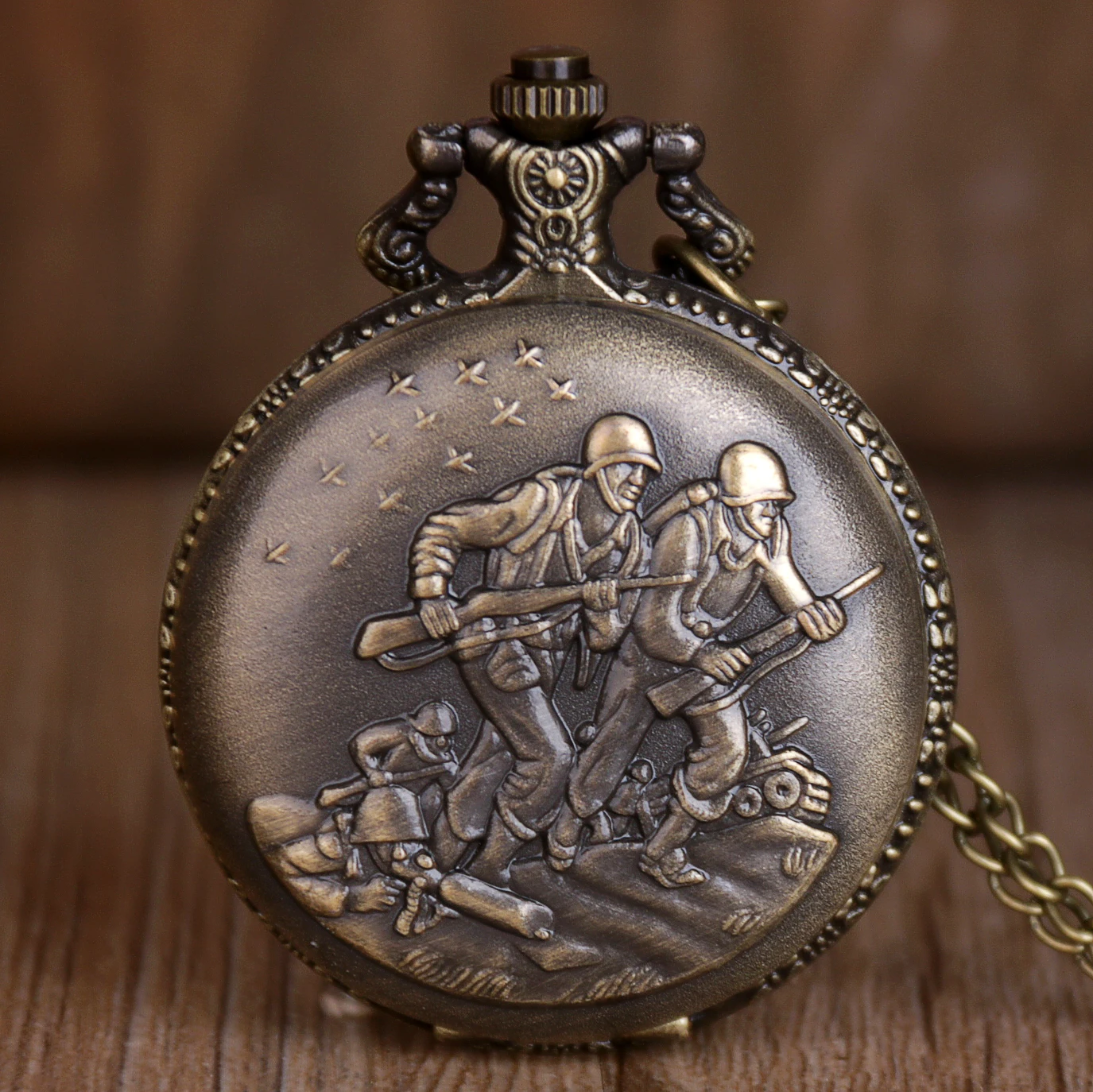Vintage Bronze Quartz Pocket Watch Warrior with Chain for Men Women