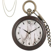 Роскошные винтажные мраморный узор дисплей Кварцевые деревянные часы Эбеновое дерево кулон часы бронзовые карманные, на цепочке цепочки для свитера Новинка
