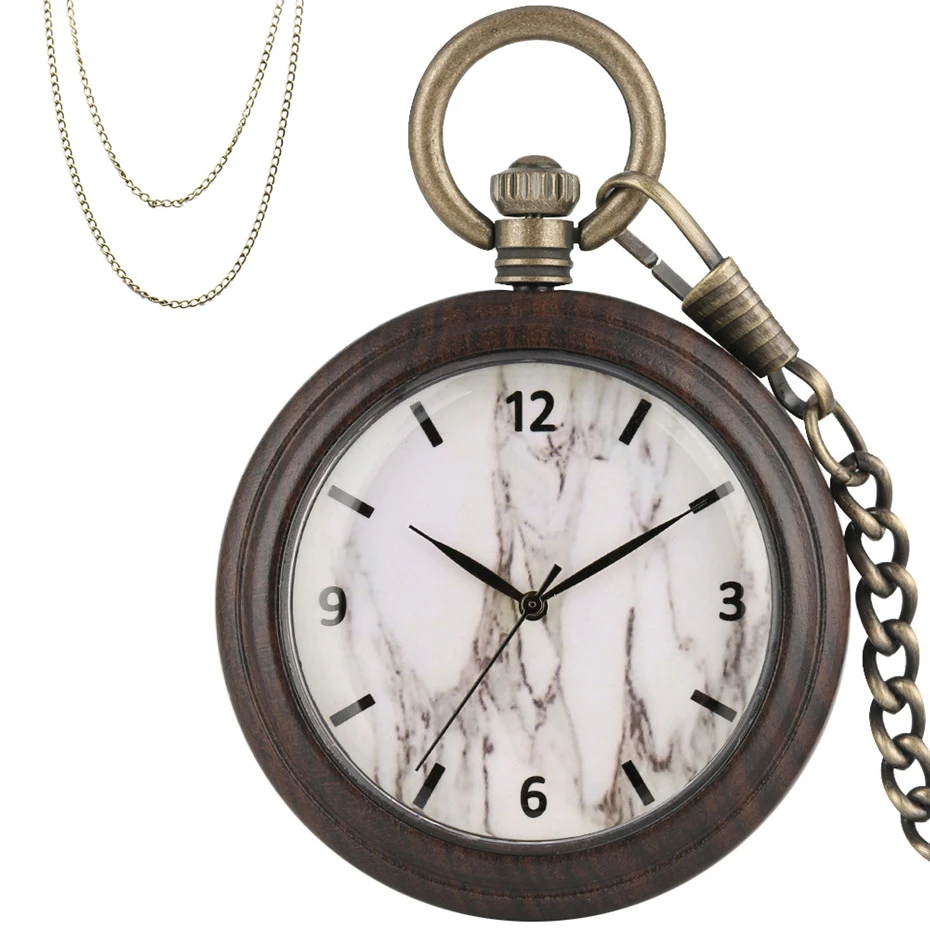 

Luxury Vintage Marble Pattern Display Quartz Wooden Watch Ebony Wood Pendant Clock Bronze Pocket Chain Sweater Chains New 2019