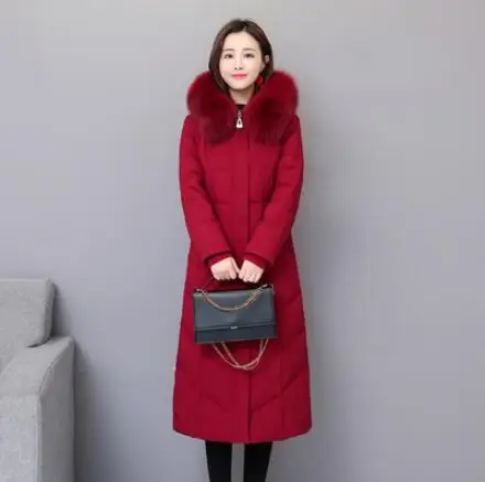 Бургундия Plus Size 6XL Mid-aged Women Winter Jacket Mom Warm Thick Graceful Long Coat Detachable Fox Fur Hooded Down Jacket Coat - Цвет: Бургундия