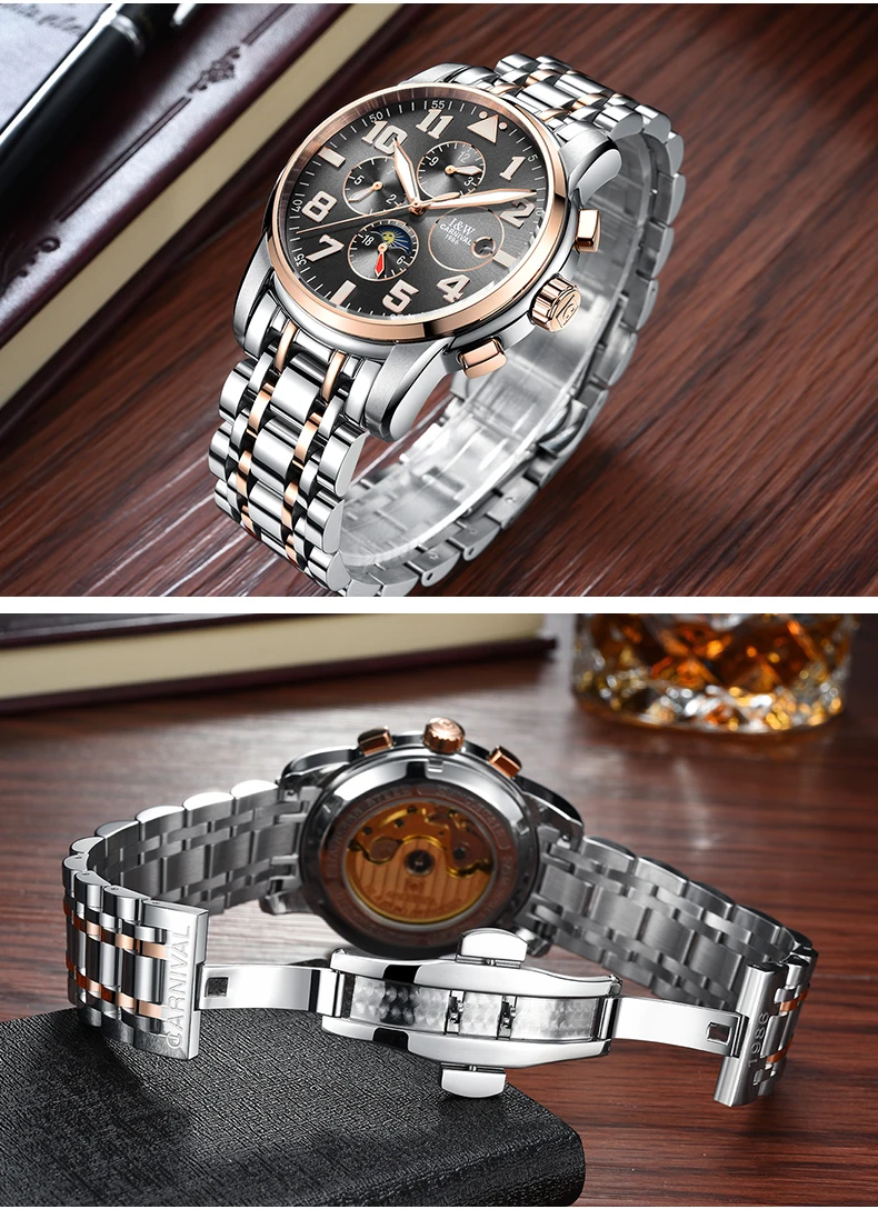 Relogio CARNIVAL Moon Phase Мужские часы Топ бренд класса люкс автоматические механические часы сталь Бизнес водонепроницаемые спортивные часы