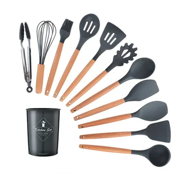 

12PCS Silicone Cooking Utensil Set Non-stick Spatula Shovel Wooden Handle Kitchenware Set With Storage Box Cookware Kitchen Tool