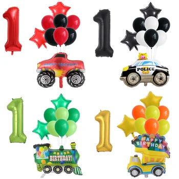 

10pcs Car foil Balloons Engineering Car Train Fire Truck Balloon 1 2 3 4 5st Birthday Party Decorations Kids Number Star Globos