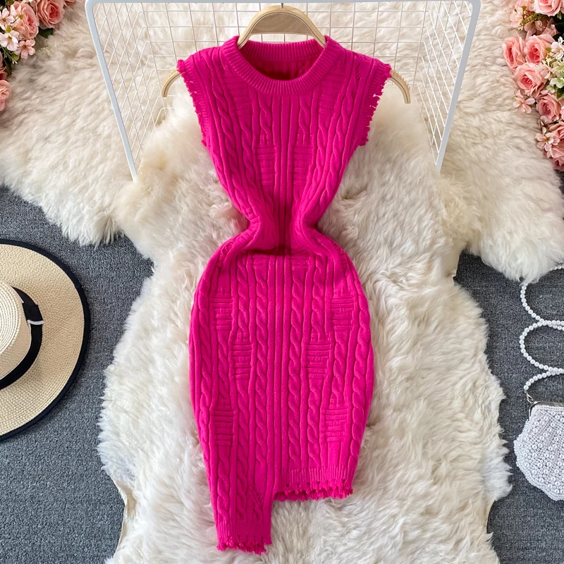New Design Twist Knitted Bodycon Dress Women Solid O-neck Sleeveless Tassels Irregluar Slim Stretch Bandage Mini Sweater | Женская