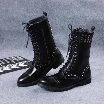 

Punk Mens Rivets Studded Stylish Motorcycle Biker Mid Calf Boots Army Combat Black Shoes PU Leather Spring&Winter 2Styles C730