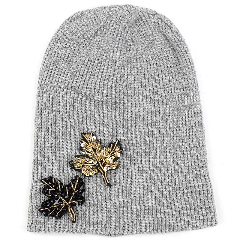 Geebro для взрослых кашемировая шапочка с 2 кленовые листья аксессуары осень-зима теплая шапка для взрослых шапки Кепки - Цвет: black gold lt gray