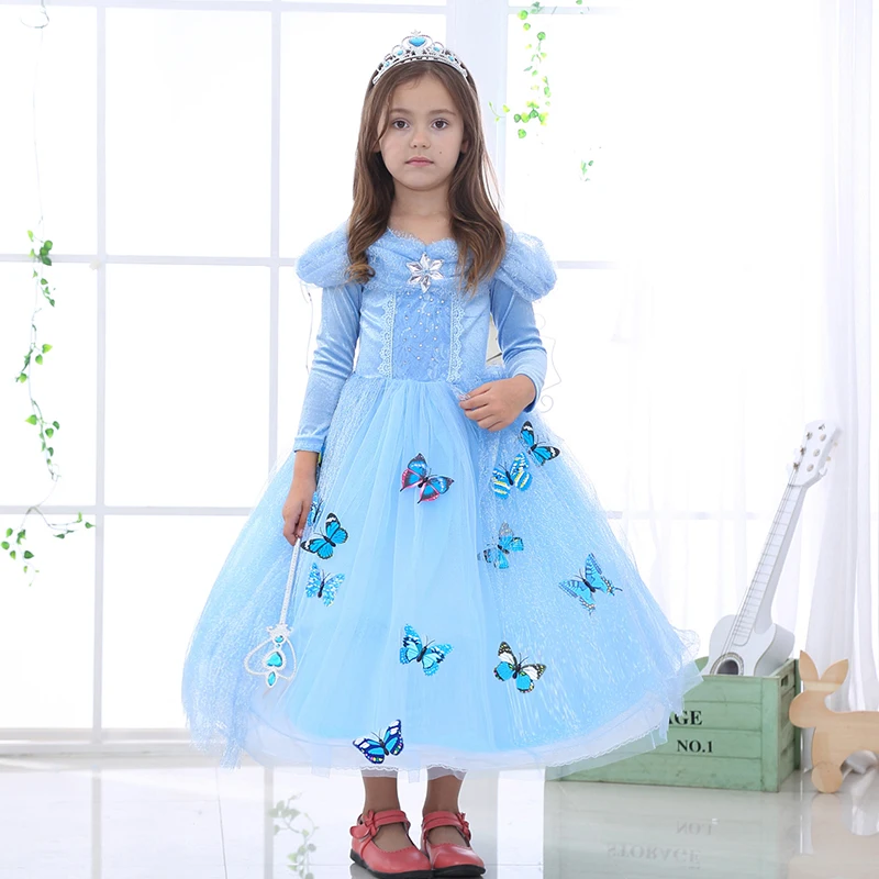 Костюм Снежной Королевы для девочек; платье Анны и Эльзы для девочек; высококачественное платье принцессы Золушки с блестками; нарядная детская одежда - Цвет: Небесно-голубой