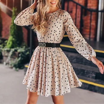 

Women's Black Polka Dot Long Sleeve Pleated Round Neck Ladies Spring Summer 2020 New Above Knee Length Dress Plus Size XXL