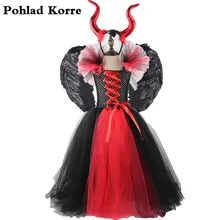 Детское платье-пачка для девочек, черный, красный цвета, Maleficent, костюм на Хэллоуин, браслеты в стиле косплей, вечерние платья принцессы с роговыми крыльями для девочек, XX0