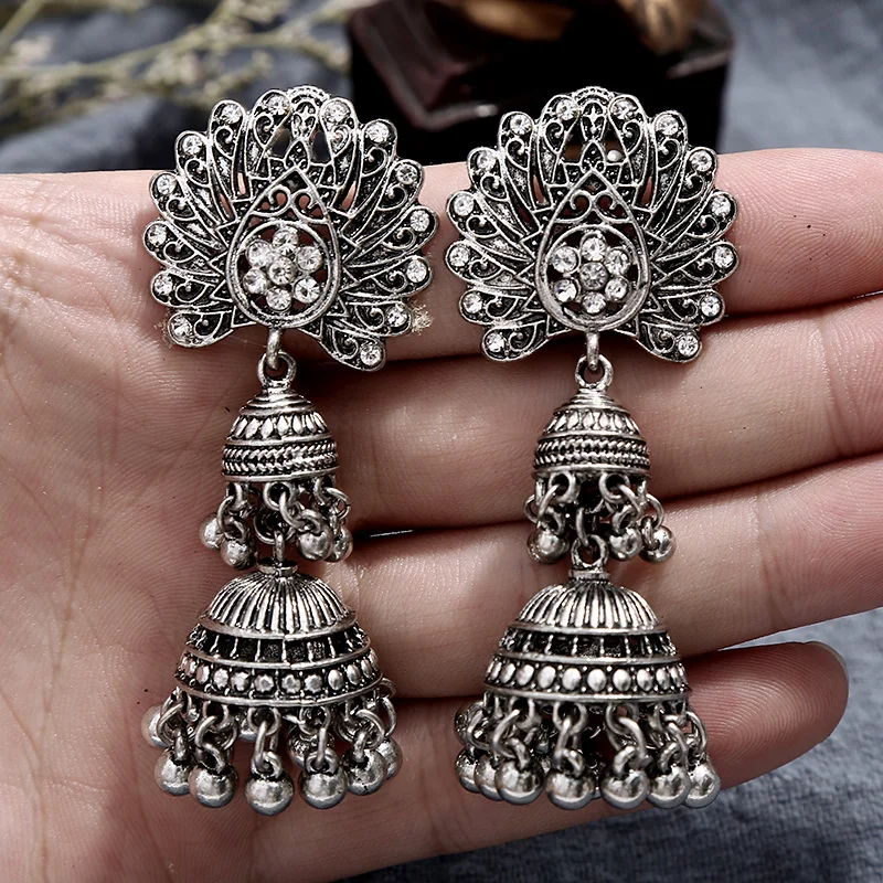 

hot Fashion Indian Earrings for Women Oxidized Jhumka Silver Big Long Tassel Bells Drop Earrings Afghan Egypt Gypsy Turk Ethnic