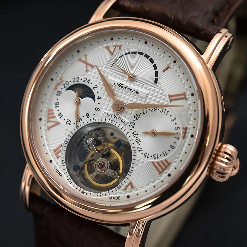 

Multi-function Mens Pilot Real Tourbillon Watch Calendar Moonphase Mechanical hand Winding Men Seagull ST8007 Tourbillon Watch