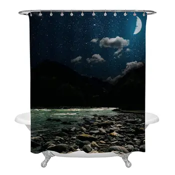 

Shower Curtain, Nature Night Stones On A Background of Blurred River with Mountain Dark Blue Curtain Polyester Water Fabric with