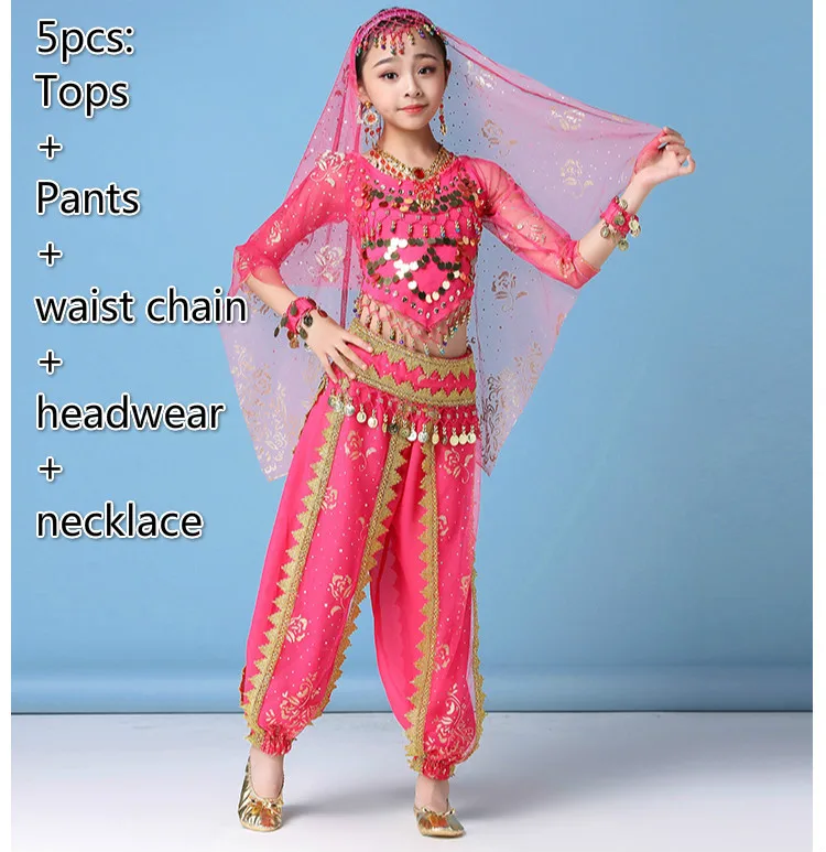 5pcs rose red Костюм для танца живота, комплекты для девочек, детское платье для индийского танца, детская танцевальная одежда Для Болливуда, одежда для восточных танцев - Цвет: 5pcs rose red