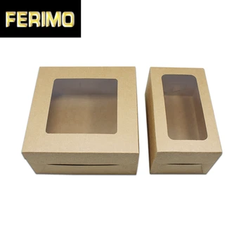 

120pcs/Lot Kraft Paper Package Box With Window For Gift Cake Candy Dessert Package Toy Model Display Christmas Party Supply