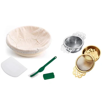 

2x Tea Strainer with Dripping Bowl, Mesh Teapot, Stainless Steel Silver and Gold & 4x Round Rattan Bread Storage Basket