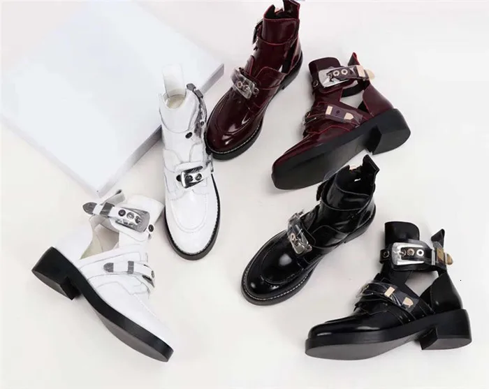 

2019 Woman Boots Boots England Wind Hollow Out Short Boots Patent Leather Belt Buckle Locomotive Cool Boots