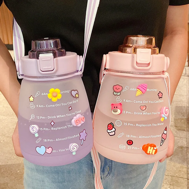 1400ml Cute Girls Water Bottle with Stickers Straw Big Belly Cup Sports Bottle for Water Jug Children Female Kettle with Strap 3
