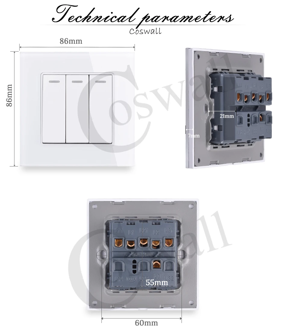 COSWALL 3 банды 1 способ Роскошный Кристалл стекло панель светильник Переключатель ВКЛ/ВЫКЛ настенный выключатель 16A