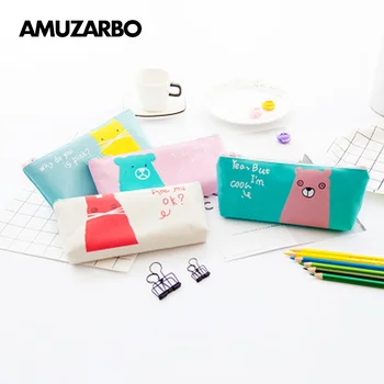 

Colorful Canvas Pencil Case Stripe Dots Geometric Patterns Cute Cat Bear Pencil Storage Box Large Capacity Pen Bags Stationery