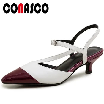 

CONASCO Casual Fashion 2020 Summer Genuine Leather Women Sandals Pumps Mixed Colors Thin Heels Narrow Band Shallow Shoes Woman