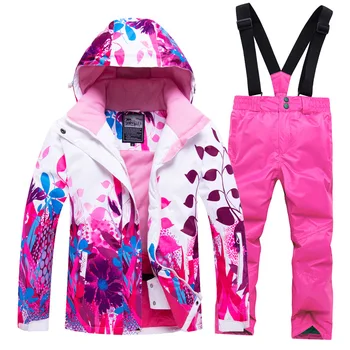 

2019 Winter Children girl ski Snowsuits Jacket+overall print detachable hooded coat jacket 8 10 12 school big girl clothes set