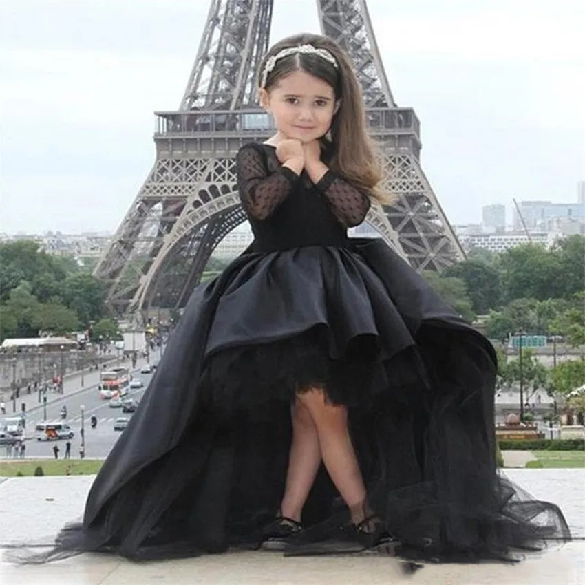 

Black Pageant Dresses For Little Girls Long Sleeve Hight Low Flower Girl Dresses Kids Prom Birthday Dresses