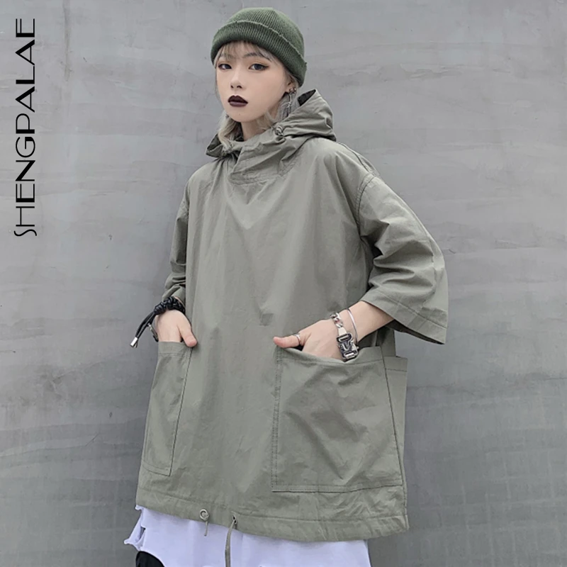 SHENGPALAE 2020 New Autumn Fashion Casual Patchwork Solid Thin Hooded Sweatshirt Loose Short Sleeve Top Women SE108 | Женская одежда