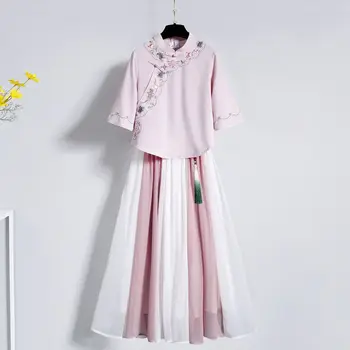 

Flower Embroidery Modern Hanfu for Women Modern Chinese Clothing Cheongsam Qipao Top+chinese Woman Traditional Skirts Set