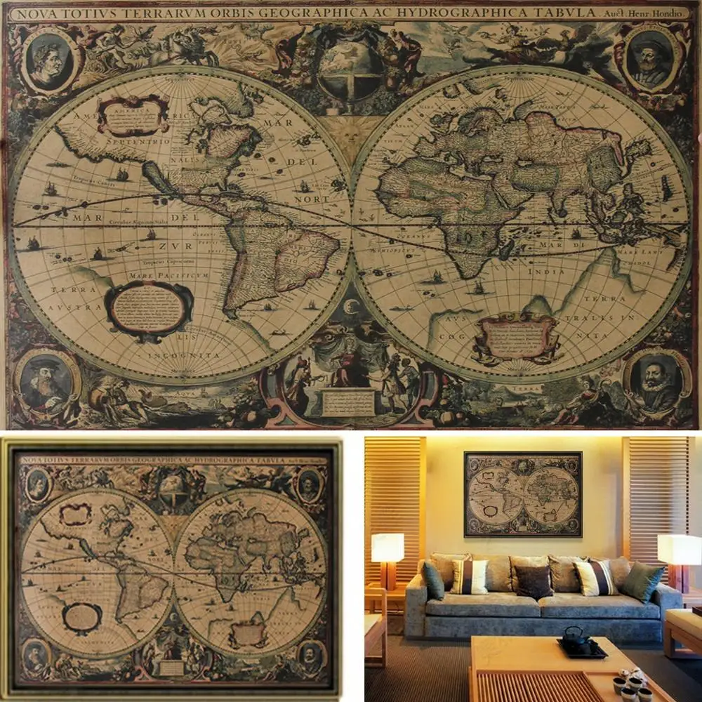 

Beige Map Pattern Rectangular Kraft Paper Painting Sailing World Map Poster Wall Sticker Living Room Bar Cafe Decorative
