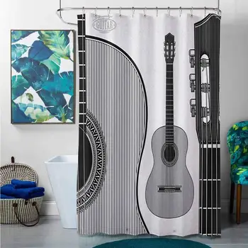 

Shower Curtains for Bathroom Country Guitar,Monochrome Design Striped Acoustic Classical Instruments Folk Country Music Concert,