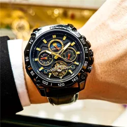 AOKULASIC Reloj de pulsera para hombre, accesorio masculino de pulsera resistente al agua con mecanismo automático, complemento mecánico multifuncional con correa de Corium, estilo Casual