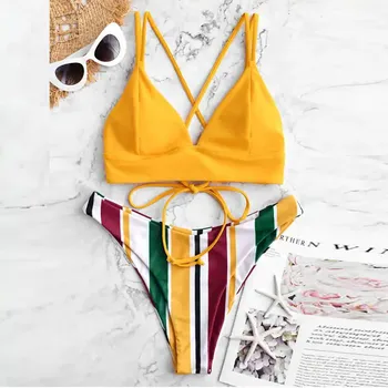 

2020 Sexy Bandage Bikinis Women Swimsuits Stripe Push Up Swimwear Female High Waist Bikini Set Brazilian Biquini Bathing Suit