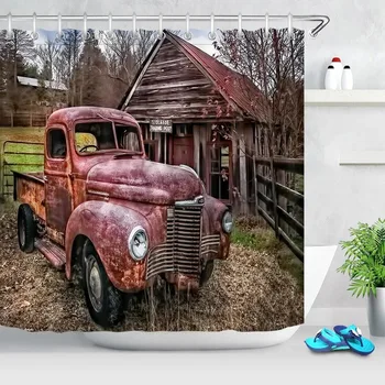 

Retro Bathroom Shower Curtain Red Truck Cars Wooden Barn Pattern Bath Curtain Polyester Curtains Waterproof Shower Curtain