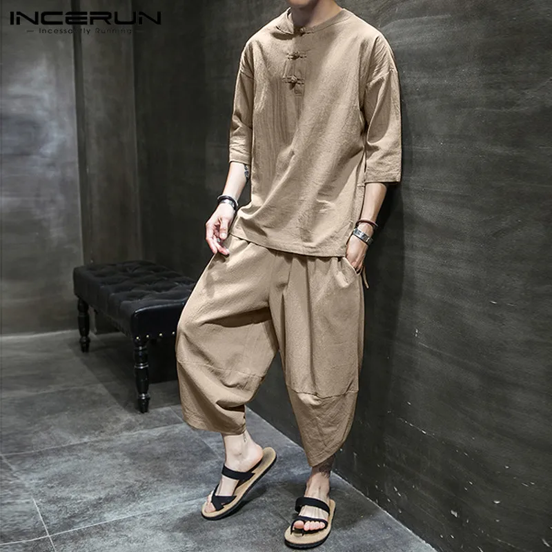 INCERUN Solid Color Men Sets Cotton Streetwear 3/4 Sleeve Casual Shirt Calf Length Pants 2 Pieces 2020 Vintage Men Suits S-5XL INCERUN Solid Color Men Sets Cotton Streetwear 3/4 Sleeve Casual Shirt Calf Length Pants 2 Pieces 2020 Vintage Men Suits S-5XL