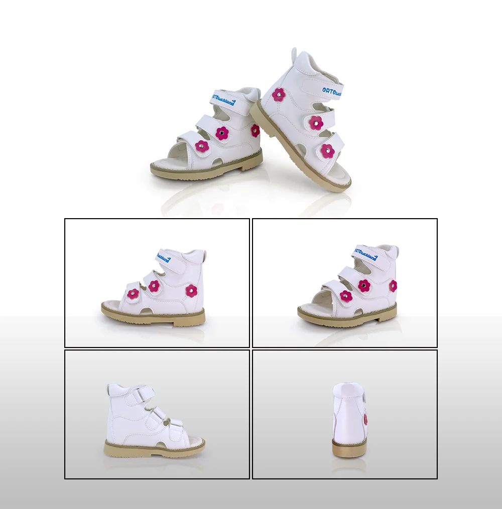 Kids Girls High-top Corrective Shoes White Genuine Leather Orthopedic Sandals with Lovely Flower Spring Summer Shoes for Health