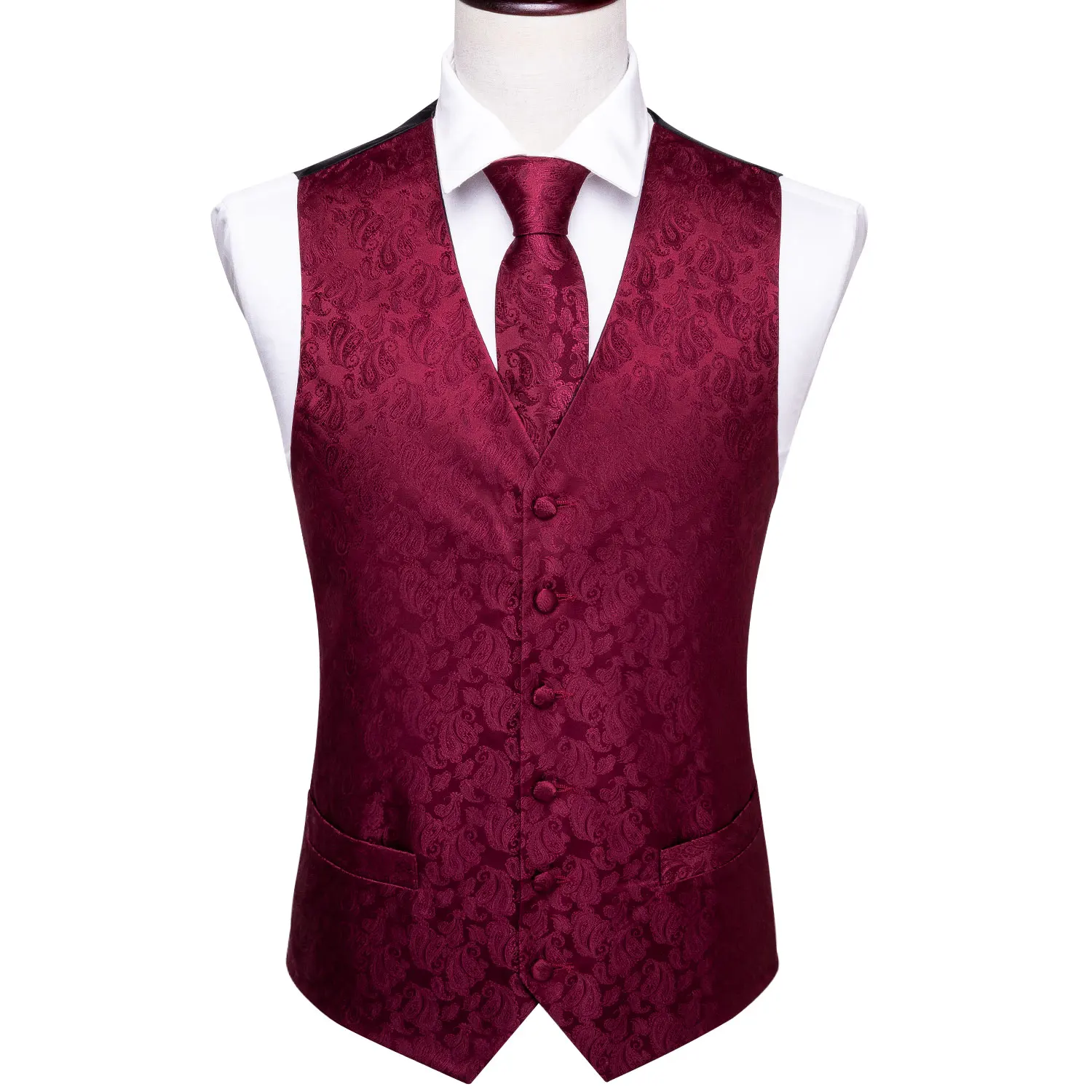 Mens Silk Vest Classic Party Wedding Red Paisley Solid Floral Jacquard Waistcoat Vest Pocket Square Tie Slim Suit Set Barry.Wang