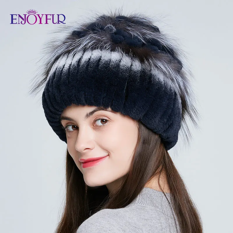 ENJOYFUR шапки из меха кролика рекс для женщин Зимние Мех серебристой лисы и мех кролика вязаные шапки модные теплые меховые шапочки с цветами - Цвет: 190