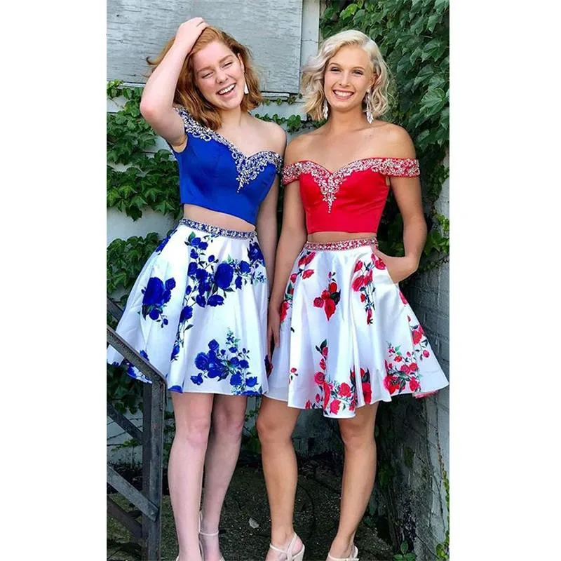 Floral Print Homecoming Dresses Short Two Piece Off the Shoulder Satin Beaded Prom Dress with Pockets