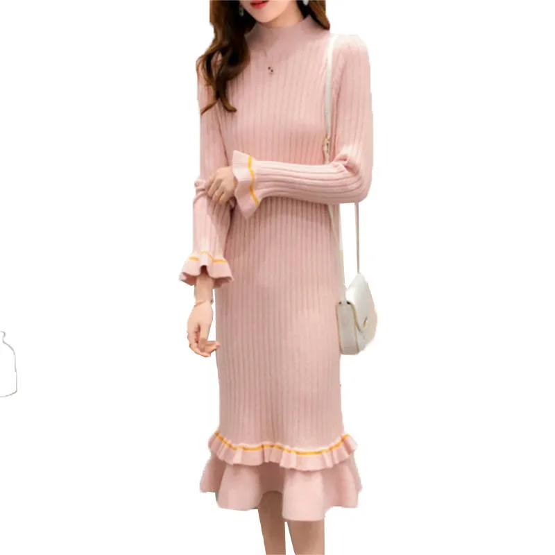

Autumn Winter Half Turtleneck Sweater Dress Women Loose Long sleeve knitted Sweater Dress Mid-Long Femme Pullover Dress Top